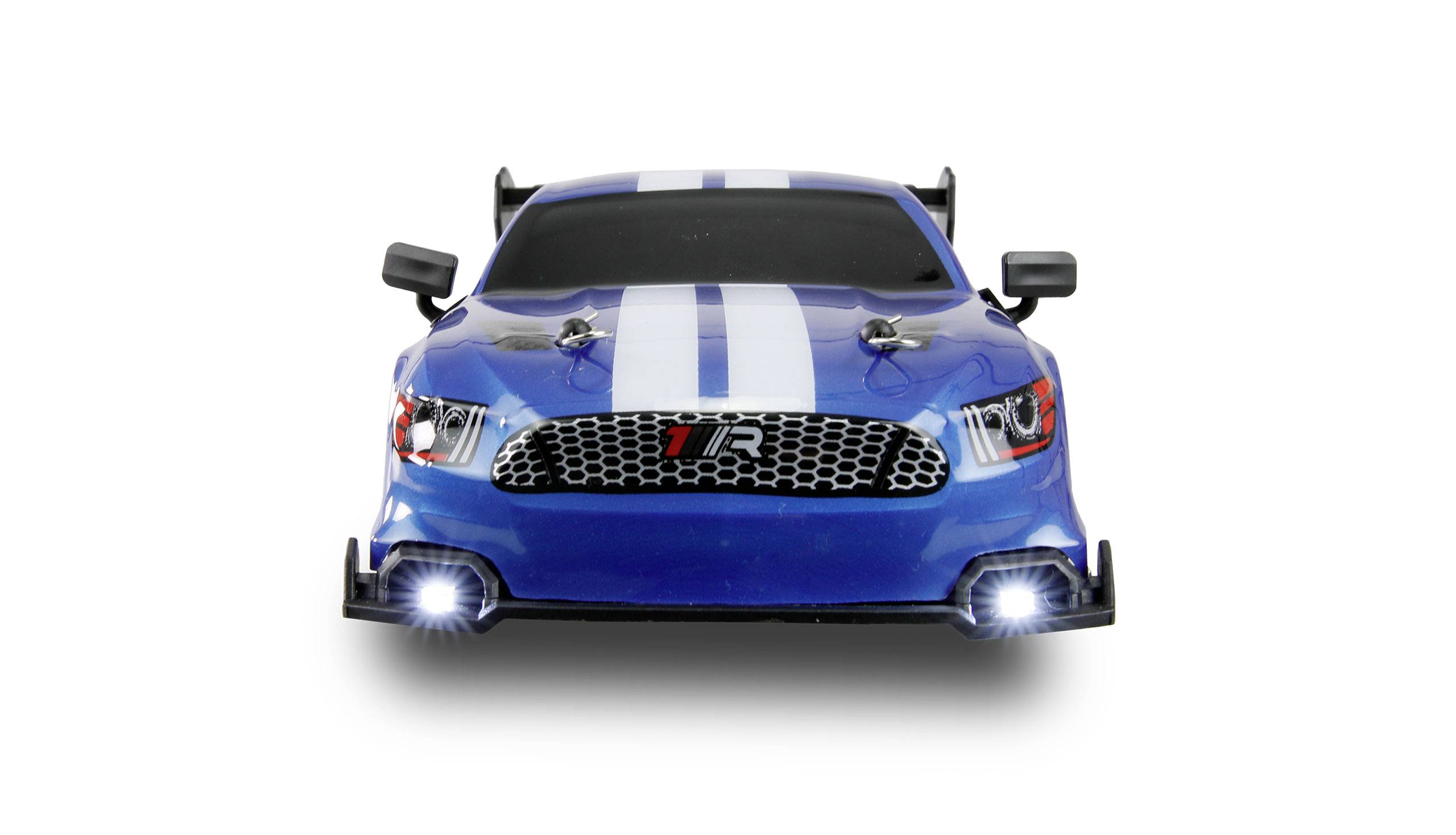 Remote-controlled blue car with white stripes and illuminated headlamps, photographed from the front.
