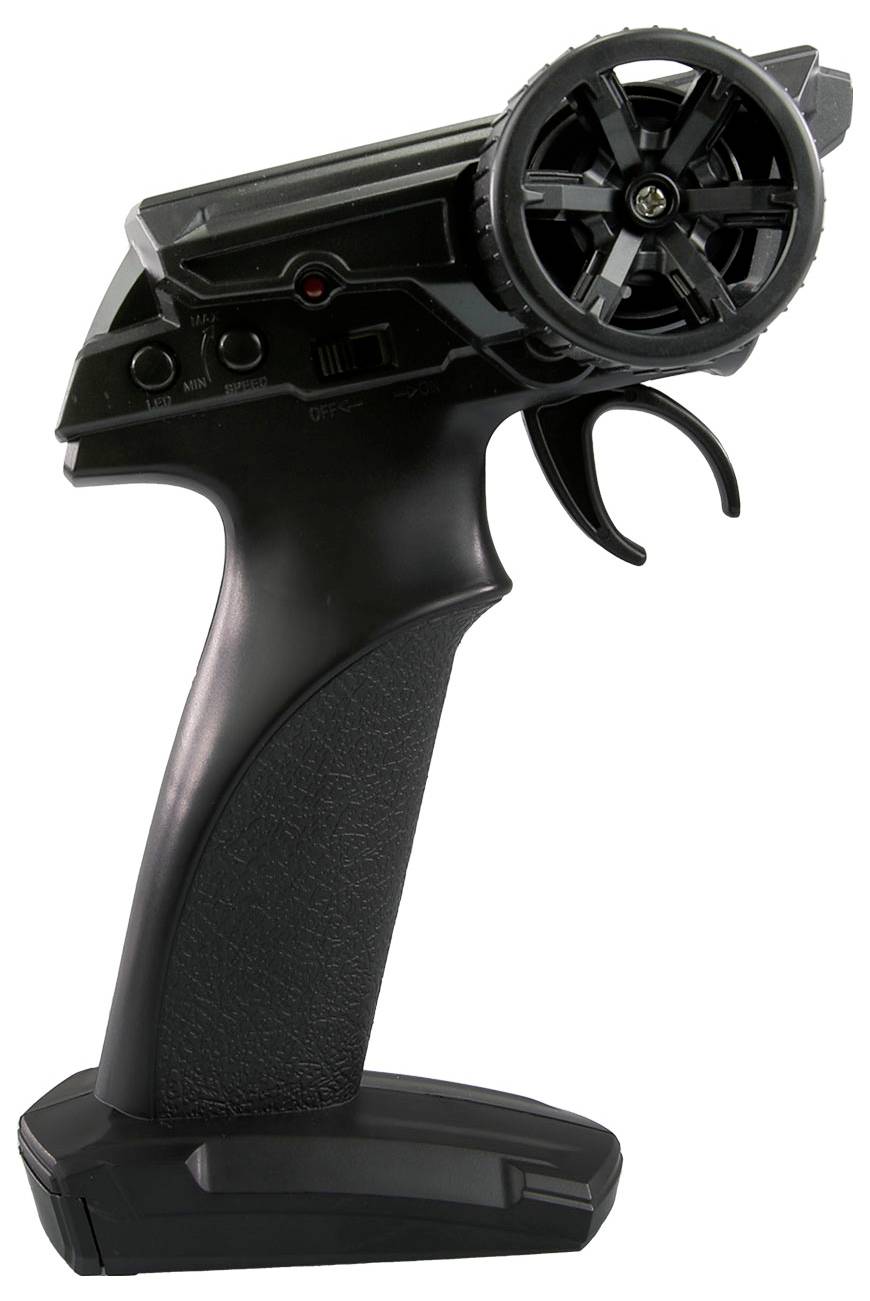 Black radio remote control with steering wheel and trigger. It has buttons on top and is suitable for controlling RC vehicles.