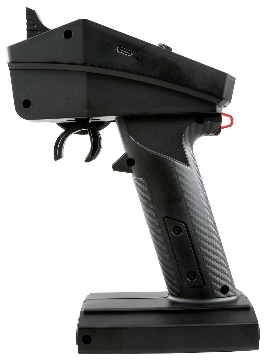A black radio-controlled handle with trigger, USB port and red detail, suitable for remote control applications.
