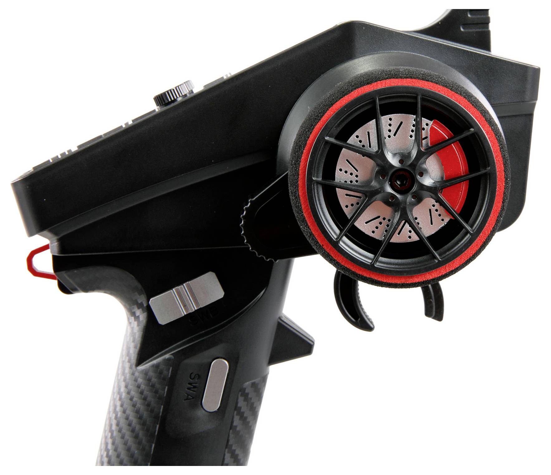 Remote control with a red steering wheel and multiple buttons. Often used for remote-controlled cars. High-contrast design.