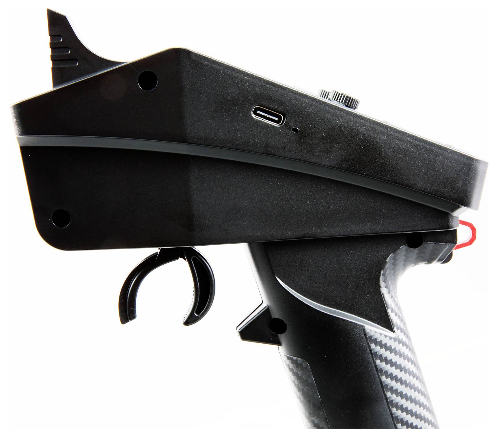 Black and grey pistol grip with trigger and USB port, possibly for a remote control or electronic device.