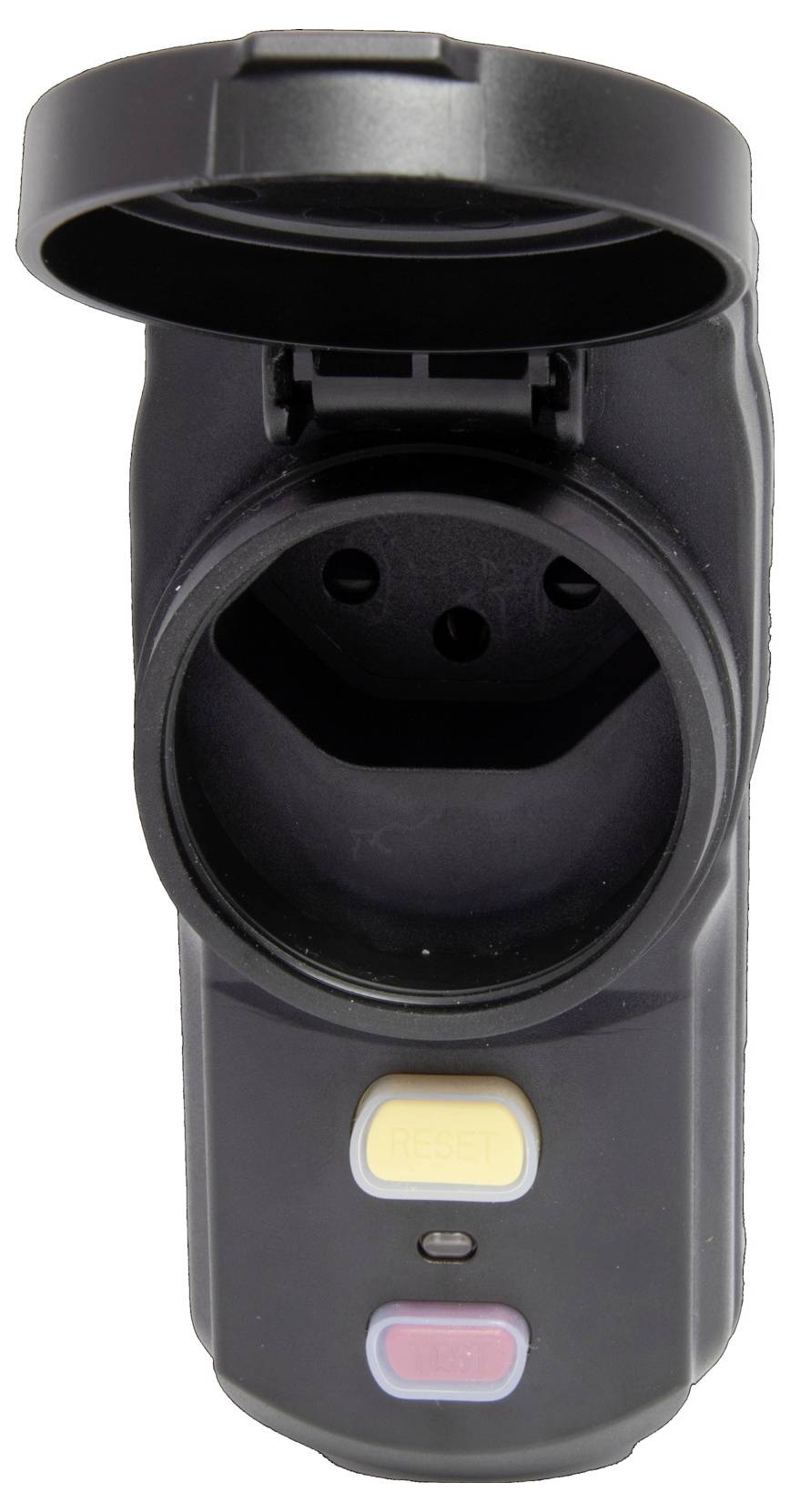 Black socket with open cover. Two buttons at the bottom: yellow labelled 'RESET', red labelled 'TEST'.