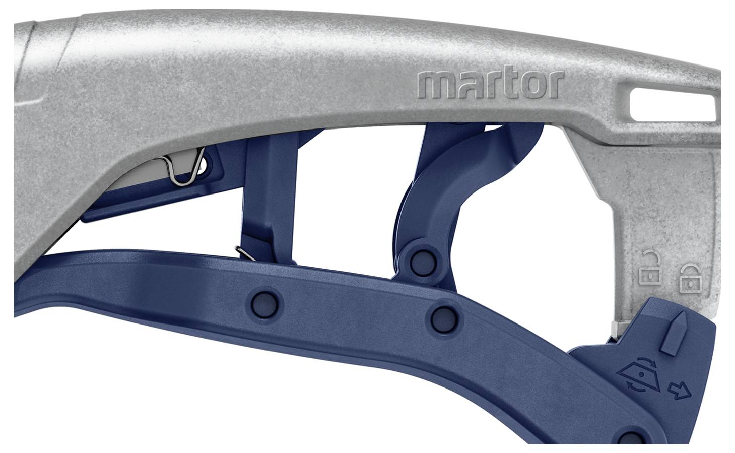 A safety knife with metal and plastic frame, release mechanism, and handle in blue and silver.