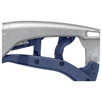 A safety knife with metal and plastic frame, release mechanism, and handle in blue and silver.