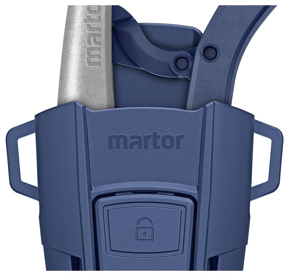 'Martor' safety knife with blue protective cover and lever. The design emphasises handling and safe usage.