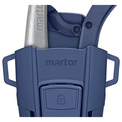 'Martor' safety knife with blue protective cover and lever. The design emphasises handling and safe usage.