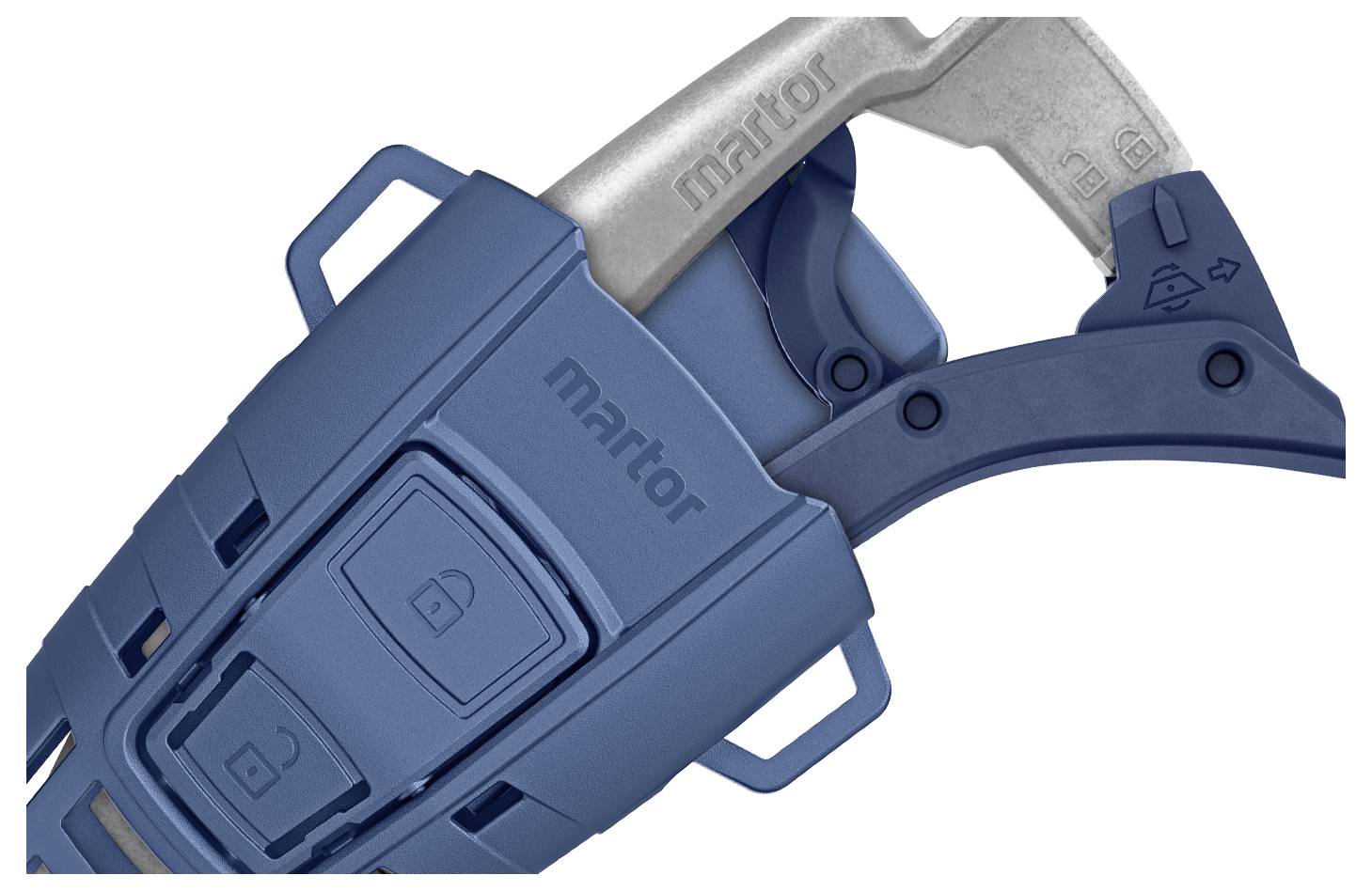 A blue safety knife with a locked blade system and ergonomic design, suitable for precise cutting and enhanced safety.