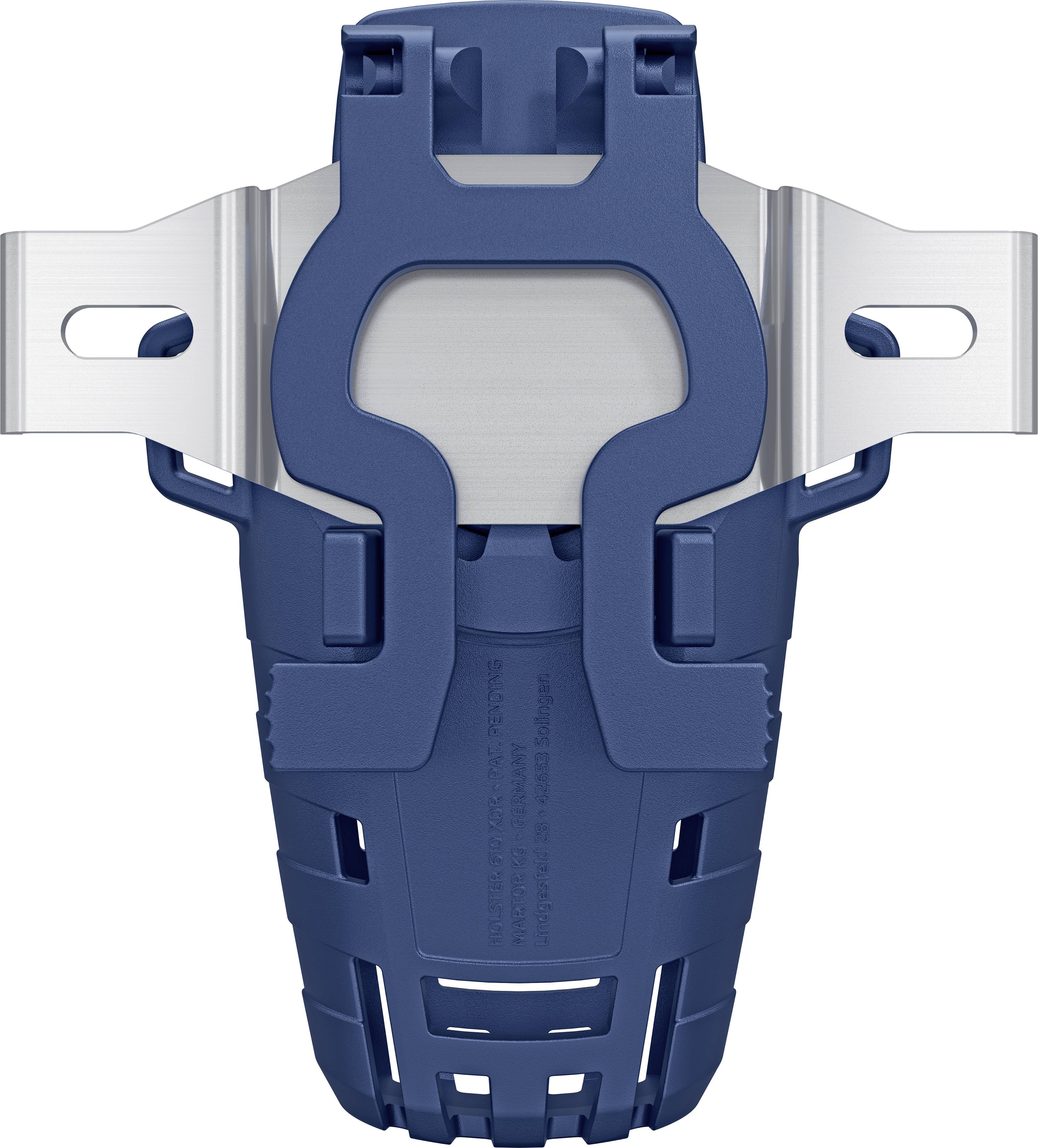 A blue protective holder made of plastic and metal, used for securing drink bottles, for example on bicycles.