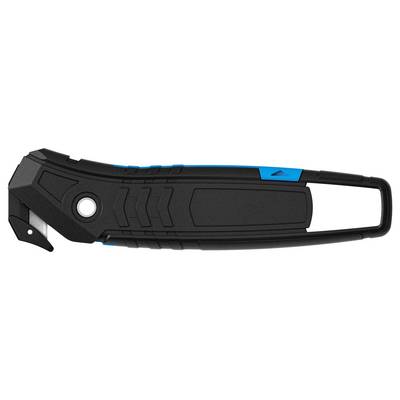 Black and blue safety knife with integrated blade guard, ergonomic handle, and round hole for easy hanging.