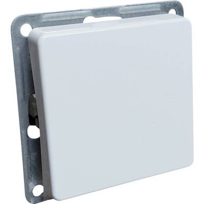 A white, square light switch on a metal mounting, suitable for indoor wall installation.