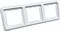 Triple frame made of white plastic for the installation of three electrical switches or sockets.