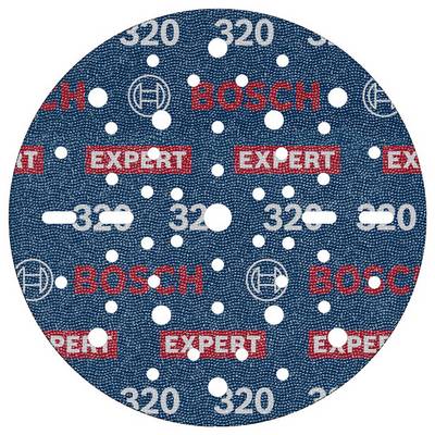 A blue grinding disc attachment with the inscription 'BOSCH EXPERT' and grit size '320', showing many round holes.