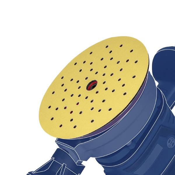 'Close-up of a sanding pad with a yellow surface and round holes, attached to an electric sander.'