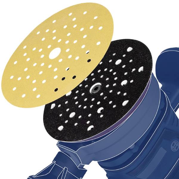 Two grinding discs (one black, one yellow) hover over a blue electric tool, likely an orbital sander.