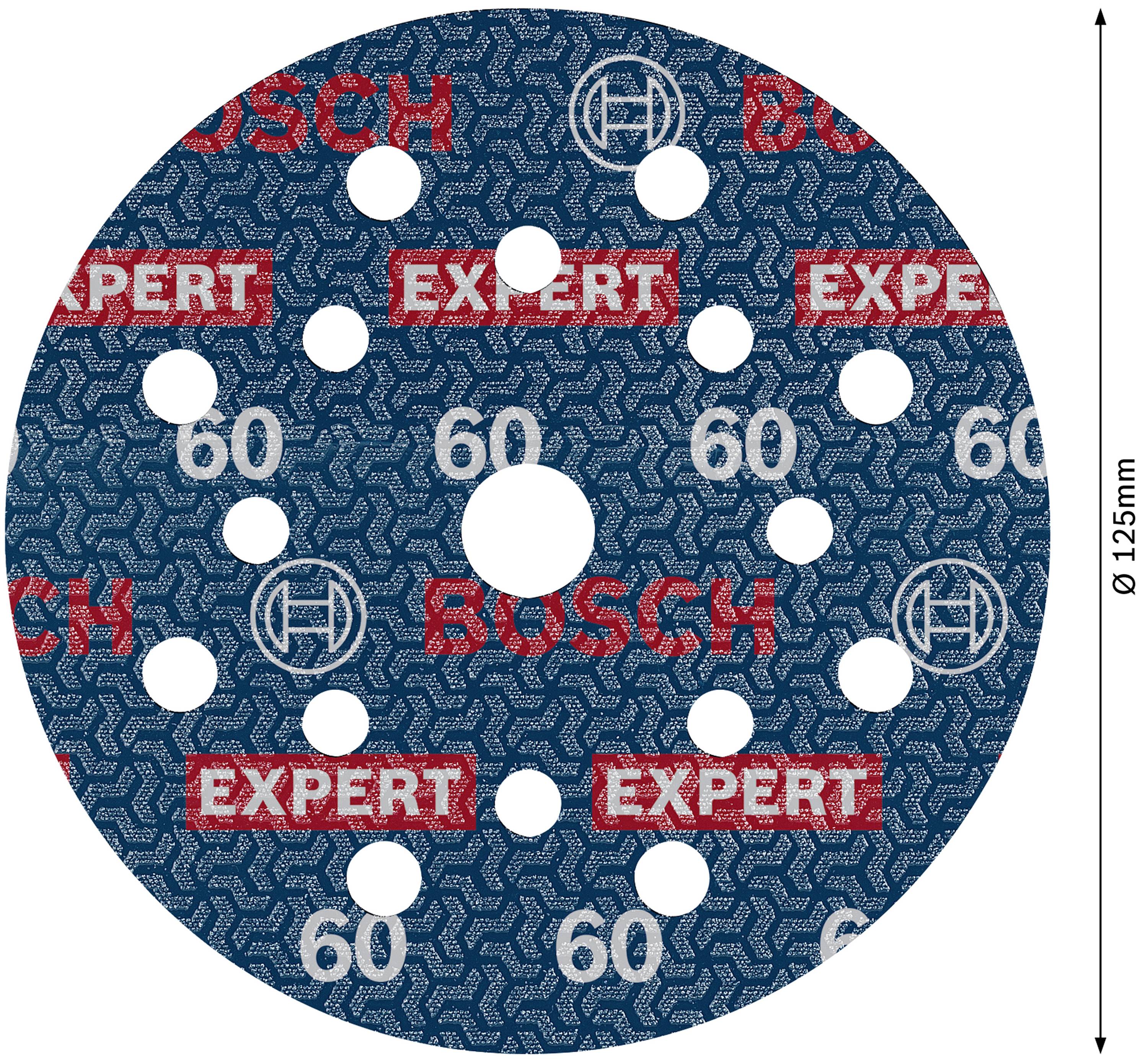 Bosch round sanding disc, 125 mm diameter, 60 grit, with multiple holes, red-on-blue 'EXPERT' print pattern.