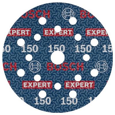 Grinding disc with 15 holes, blue background, red lettering 'Bosch' and 'Expert', white number '150', Bosch logo.
