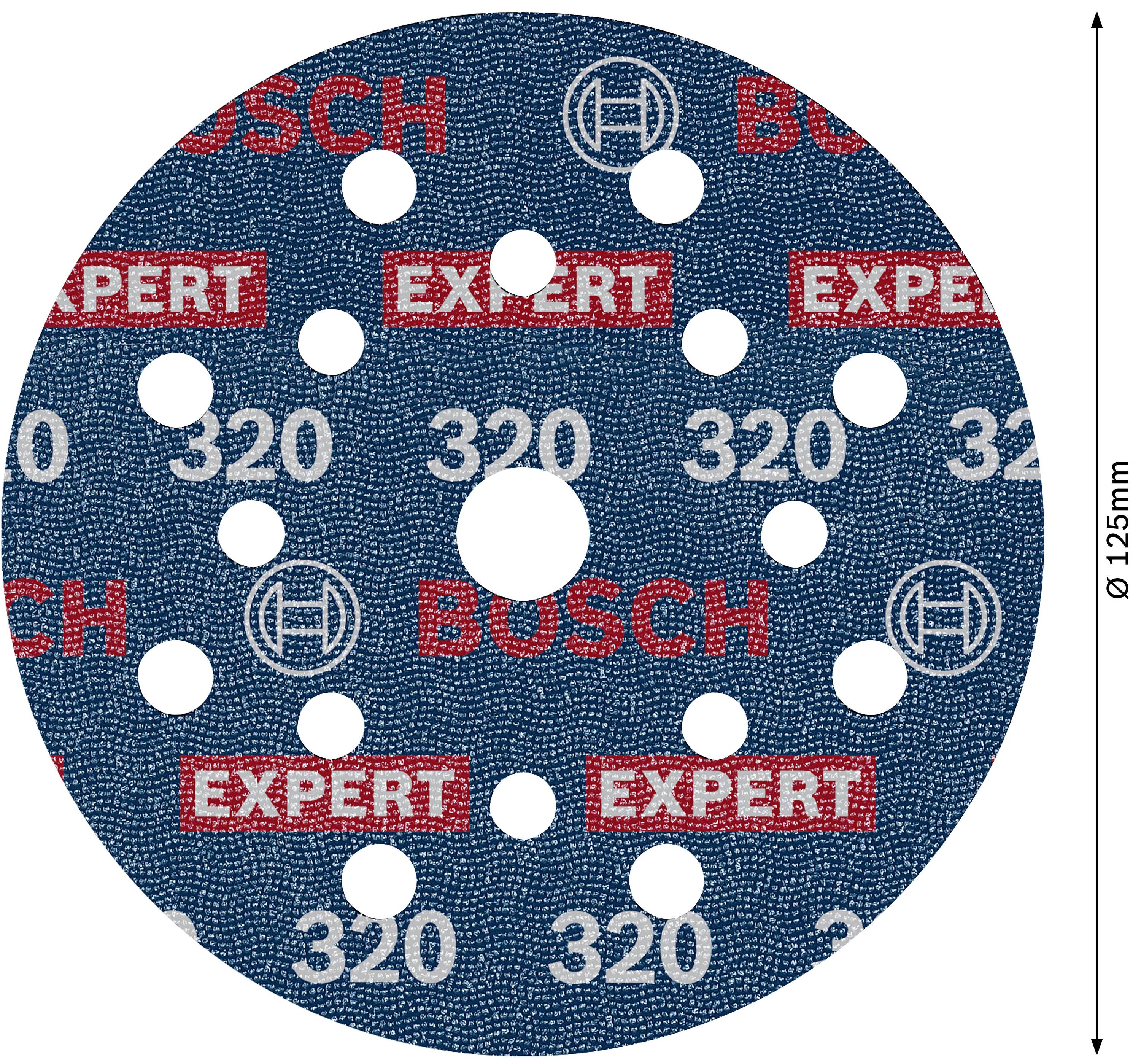 Blue sandpaper with 'BOSCH' and 'EXPERT' print in white and red. Round disc, diameter 125mm, 14 holes.