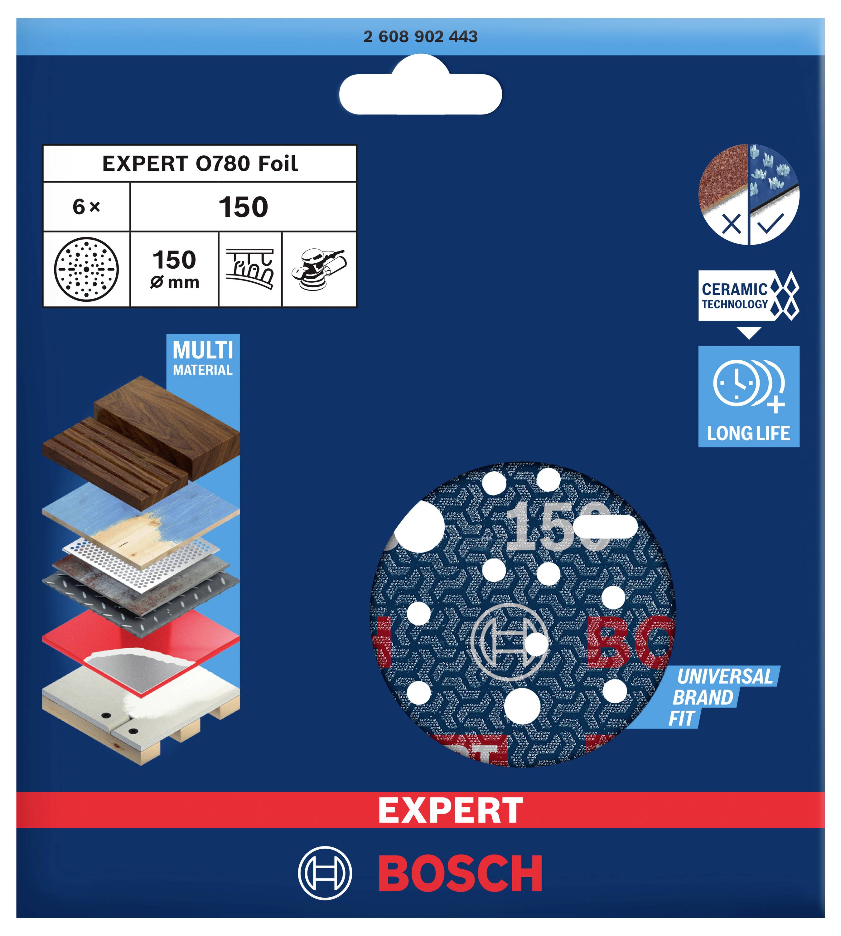Packaging for Bosch Grinding Disc, Model 'Expert 0780 Foil'. Suitable for Multi-Materials, 150 mm Diameter, High Durability.
