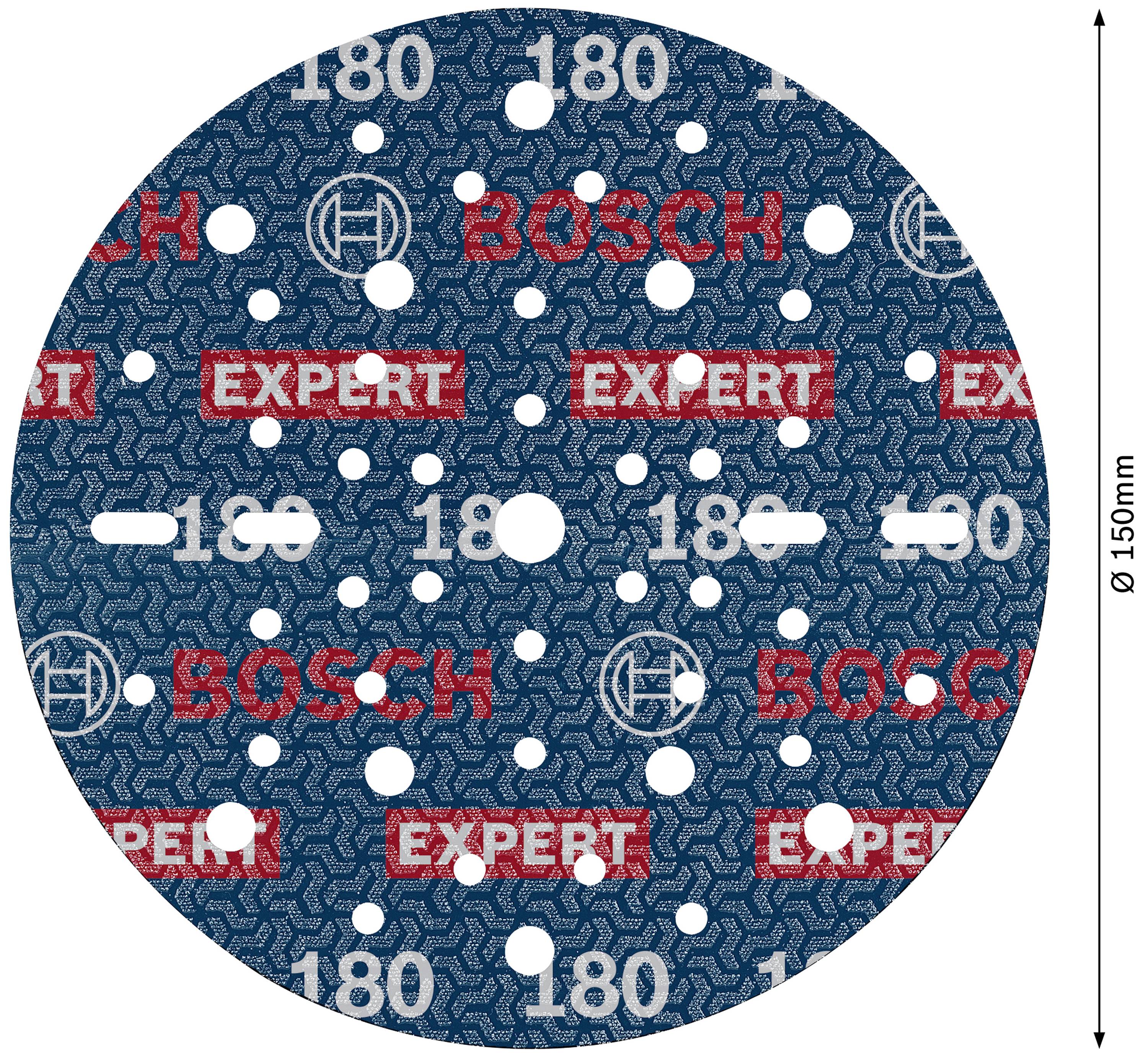 Bosch grinding disc, blue with red and white 'EXPERT' print. 150 mm diameter. Numerous holes for dust extraction.