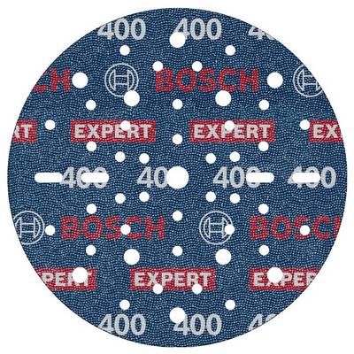 Round grinding disc with the inscription 'BOSCH', 'EXPERT' and '400'. Contains multiple holes for dust extraction.