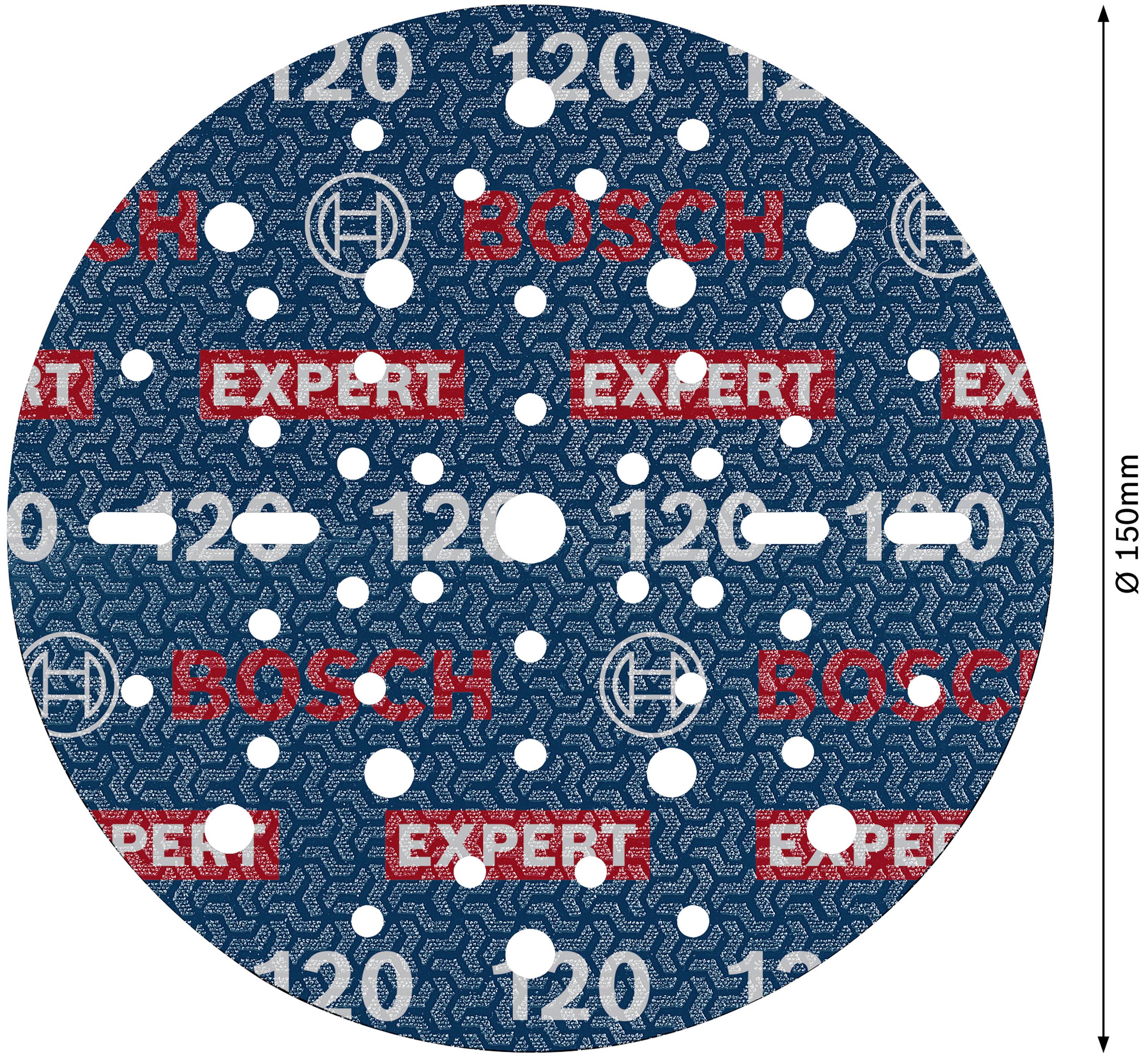 Bosch sanding paper, round, blue with red accents, 150 mm diameter, 120 grit, for precise sanding work.
