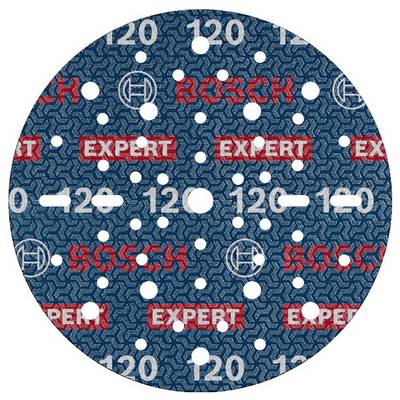 'Bosch Expert' Sanding Disc with 120 grit, blue with white and red prints, round shape with numerous holes for dust extraction.