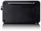 Back of a black device with an extendable antenna and a warning label on a smooth surface.
