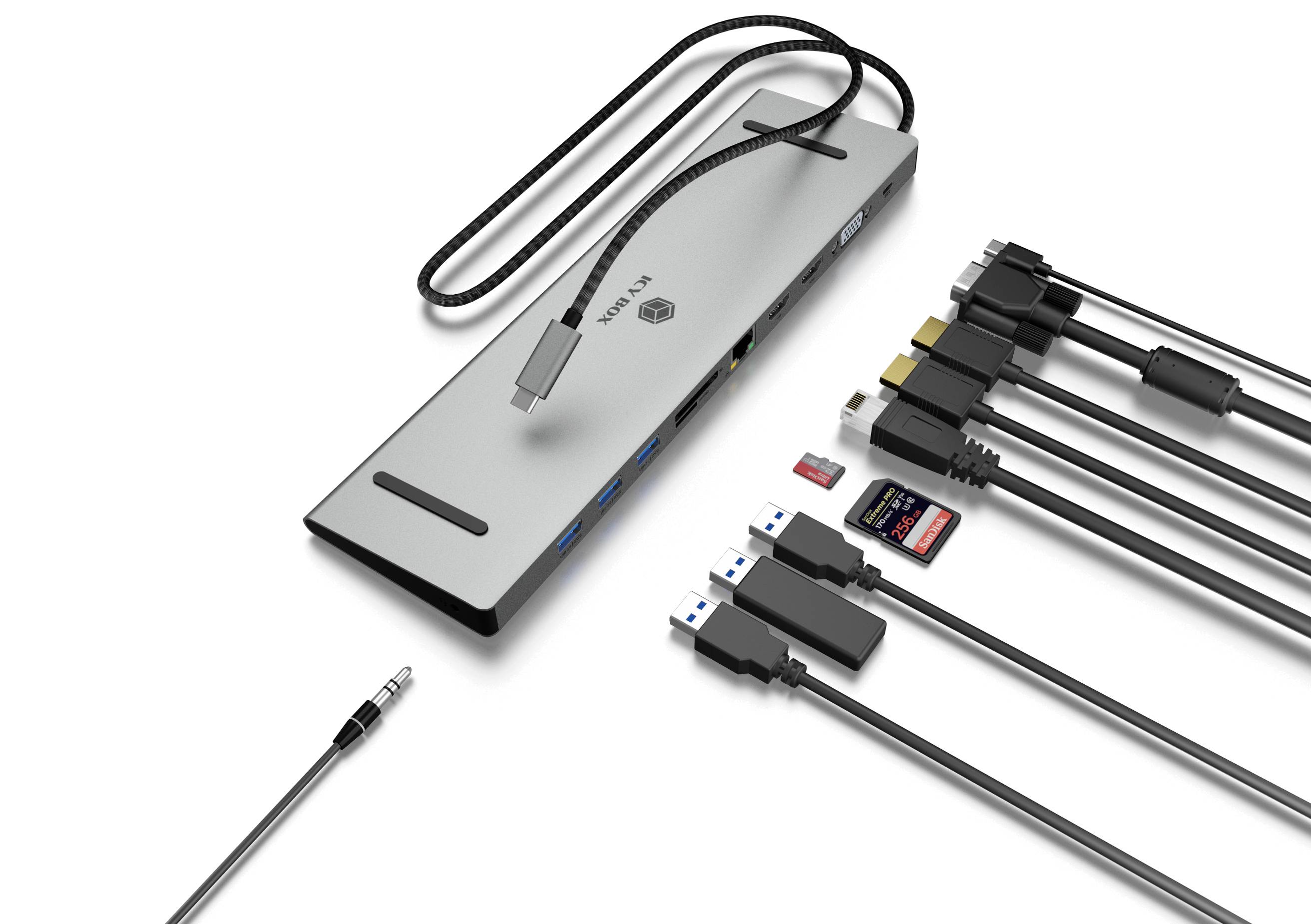 A USB hub with multiple ports, including USB, HDMI and Ethernet, with various cables and memory cards plugged in.