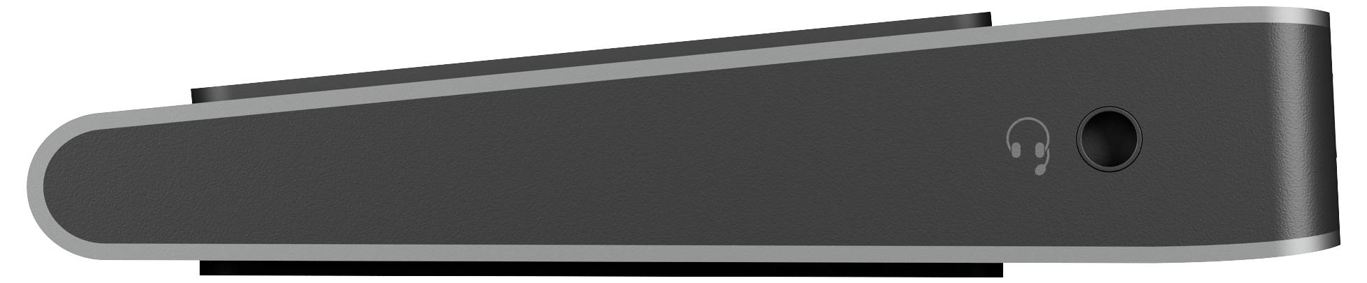 Black external hard drive viewed from the side, showing the headphone port on the right side.