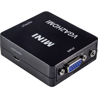 Black Mini VGA to HDMI Converter Box with VGA and Audio Input, HDMI Output, USB/Power Connection for Power Supply.