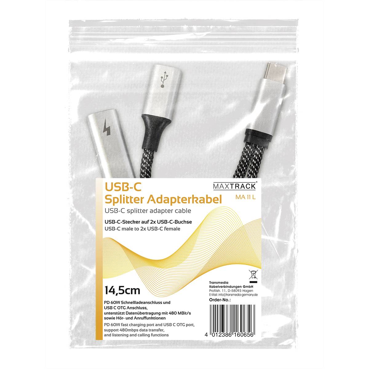 'USB-C Splitter Adapter Cable 14.5cm. Converts 1x USB-C Plug to 2x USB-C Sockets. For High-Speed Data Transfers.'