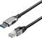 'USB-to-Ethernet adapter cable with silver connectors and black sheathing, used for connecting devices to networks.'