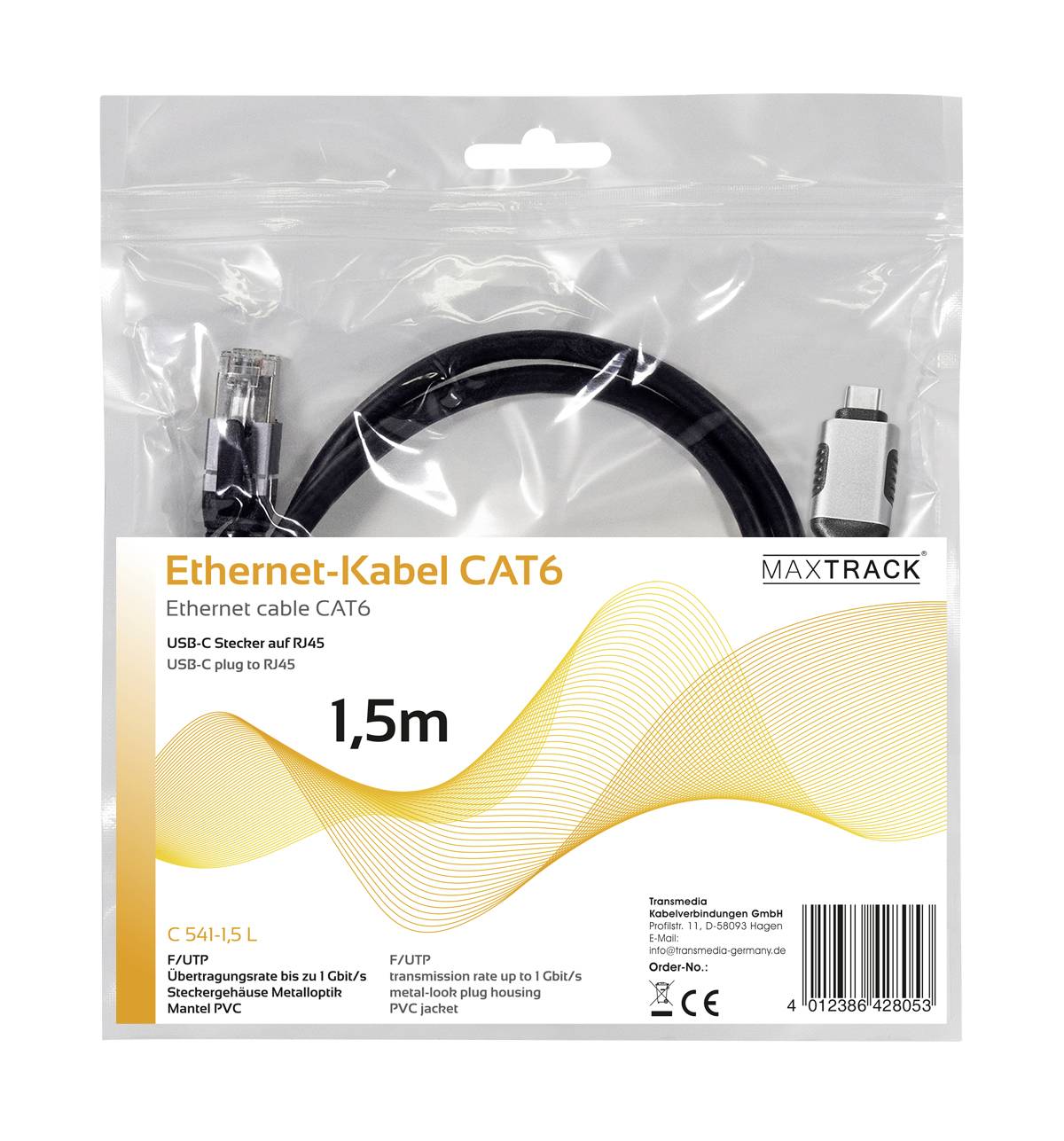 'CAT6 Ethernet cable, 1.5m, USB-C and RJ45 connectors, transmission rate up to 1 Gbps, PVC jacket, MAXTRACK logo.'