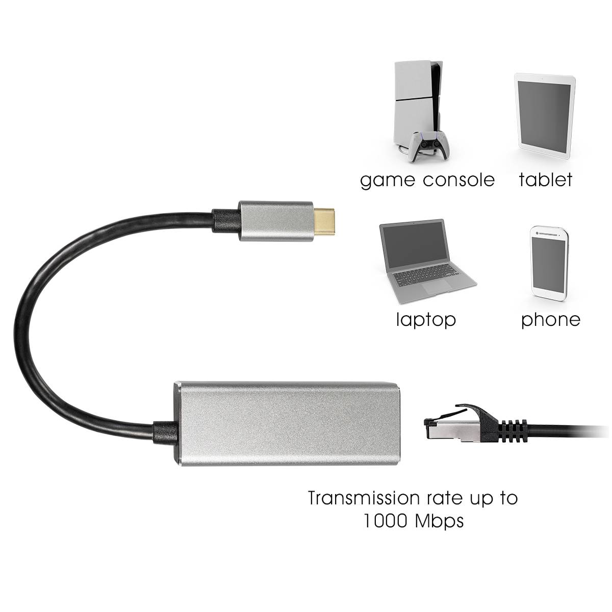 USB-C to Ethernet adapter cable, compatible with gaming console, tablet, laptop and phone. Transfer rate up to 1000 Mbps.