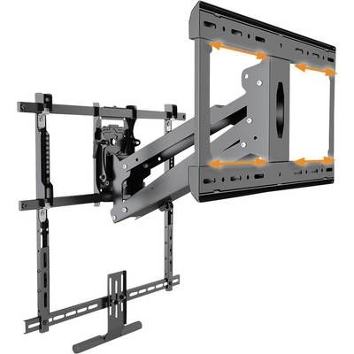 Wall-mounted monitor bracket with pivoting arms for flexible positioning. Arrows indicate direction of movement.
