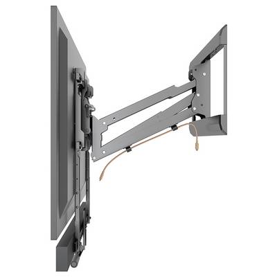 Side view of an adjustable wall mount with a television, showing flexible arm mechanisms and cabling for adaptable mounting.