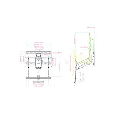 Technical drawing of a mechanical lifting system with dimensions in millimetres and inches. Shows front and side view with measurements.