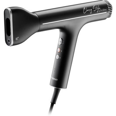 A black hair dryer with the inscription 'Classy Style'. It has an ergonomic handle with controls on the front.
