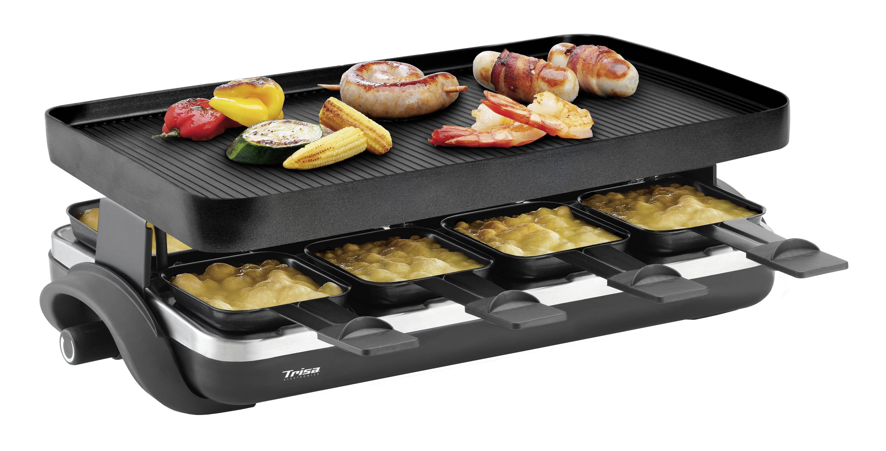 A raclette grill with eight small pans, filled with melted cheese. Prawns, sausages, and vegetables are sizzling on the grill plate.