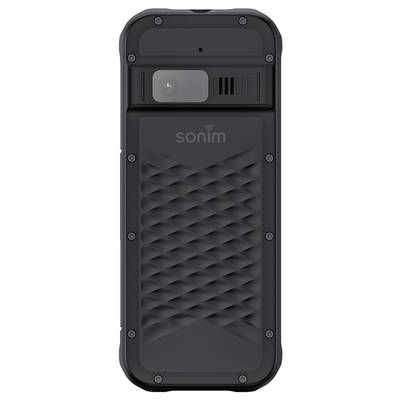 A robust smartphone with a black back panel, camera lens at the top. Textured surface provides additional grip.
