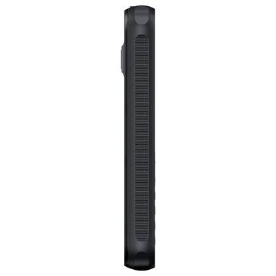 Black smartphone shown from the side, with textured grip and rounded edges.