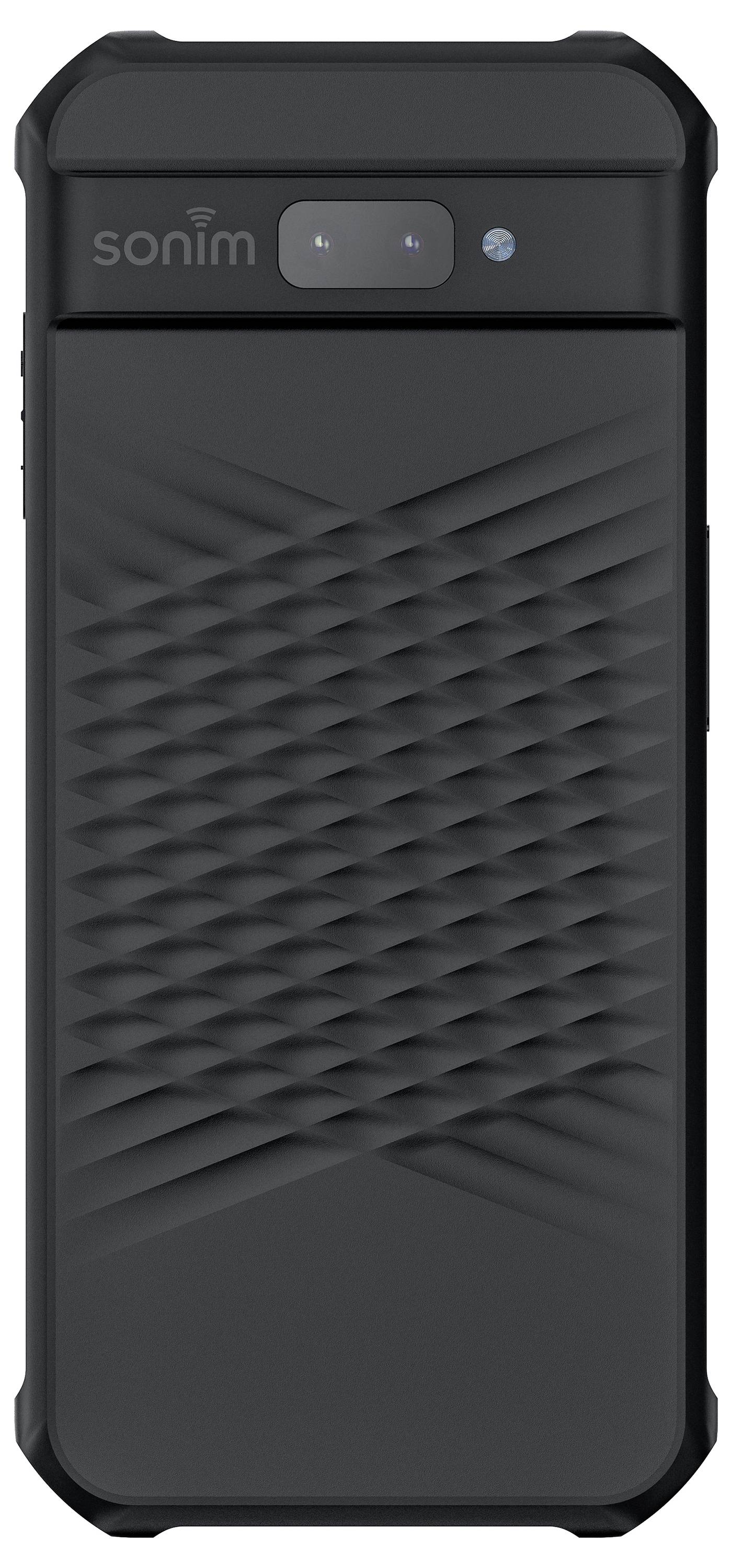 Robust black mobile phone with textured back cover and dual camera. Brand name 'sonim' positioned in the top left corner.