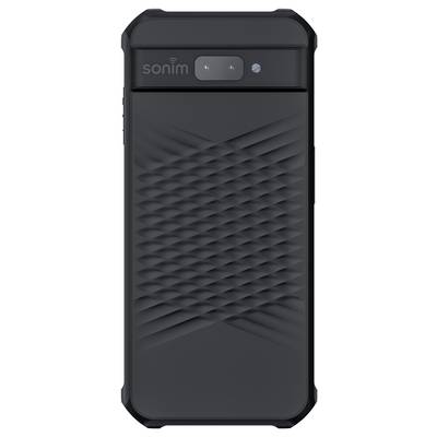 Robust black mobile phone with textured back cover and dual camera. Brand name 'sonim' positioned in the top left corner.