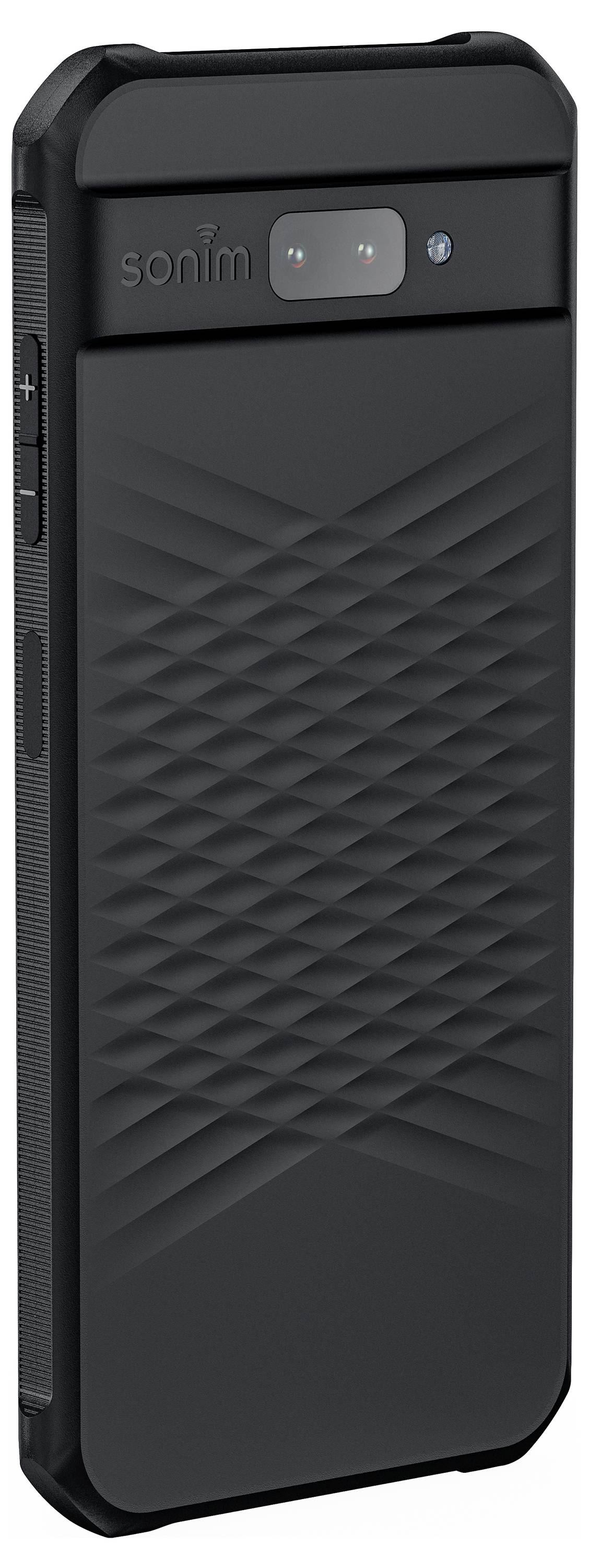 Black, robust mobile phone with textured back design and visible camera lenses at the top.