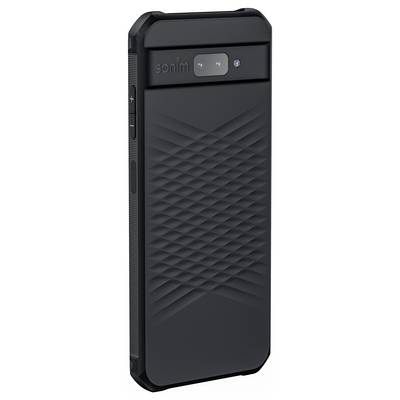 Black, robust mobile phone with textured back design and visible camera lenses at the top.