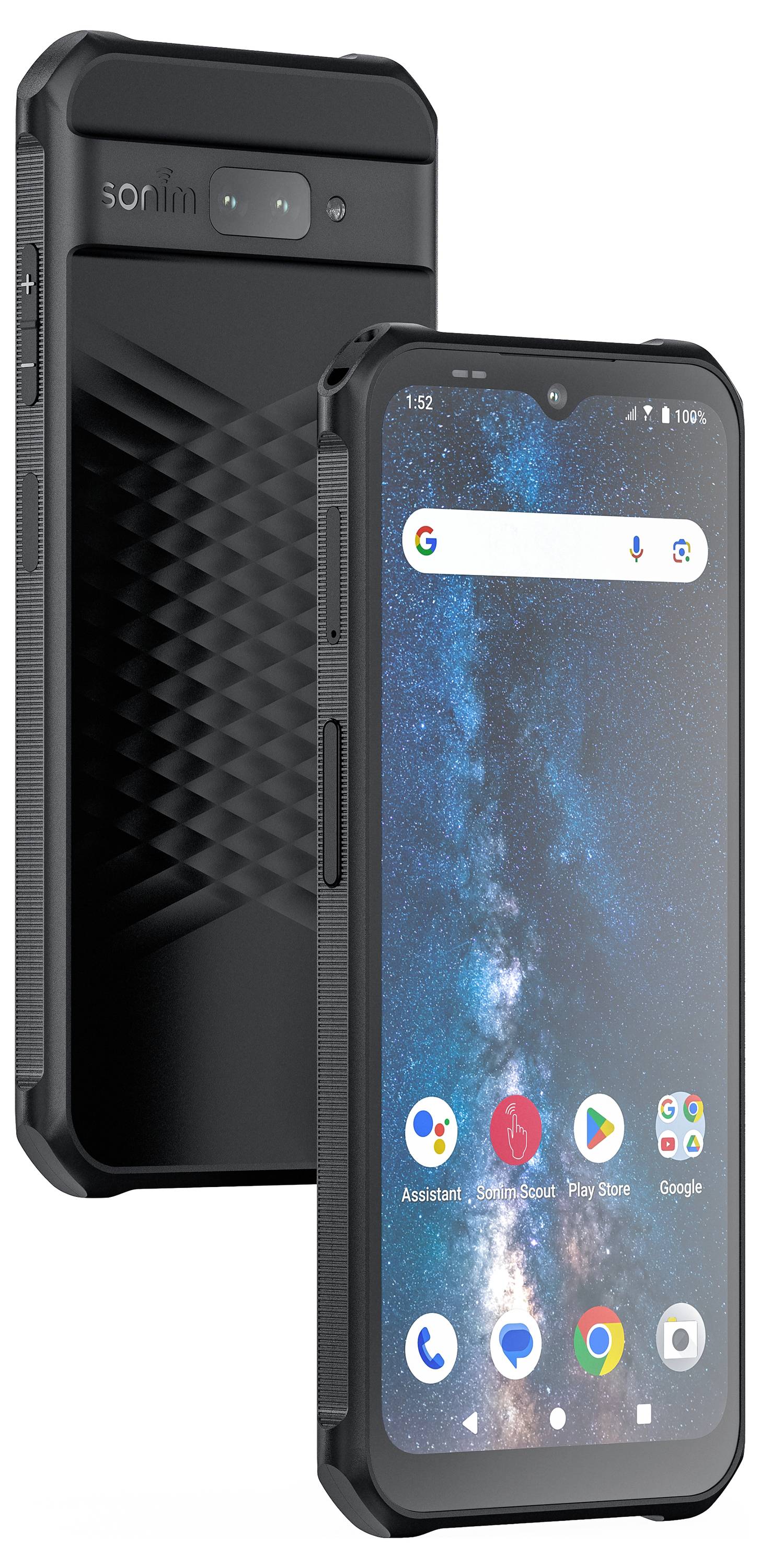 Two robust smartphones in black with textured backs and large displays. They show a simple user interface.