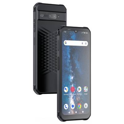 Two robust smartphones in black with textured backs and large displays. They show a simple user interface.