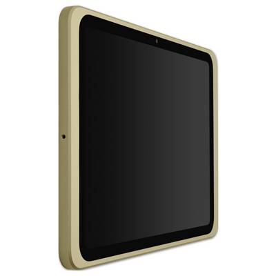 A tablet with a golden border and black screen is shown in an angled side view.
