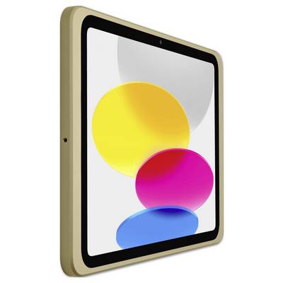 Tablet with a gold-coloured frame displays yellow, pink and blue circles on the screen.