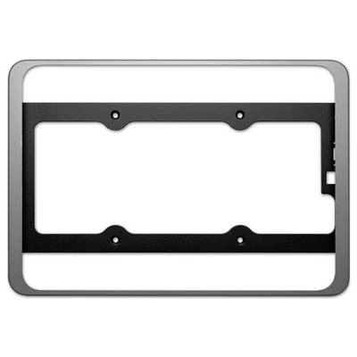 Black number plate frame with rectangular opening and four mounting holes, simple design for vehicle installation.
